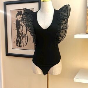 Flying Tomato,Black,Soft Ribbed Bodysuit,Organza/ Polka-Dot Ruffle Sleeve,Size S